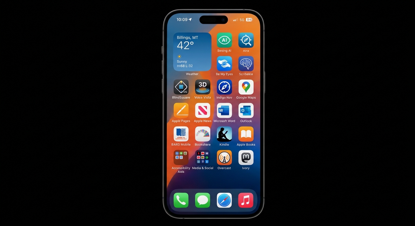 A representation of the iOS Home Screen, with a weather widget showing the weather for Billings MT, as well as a group of accessible app icons.