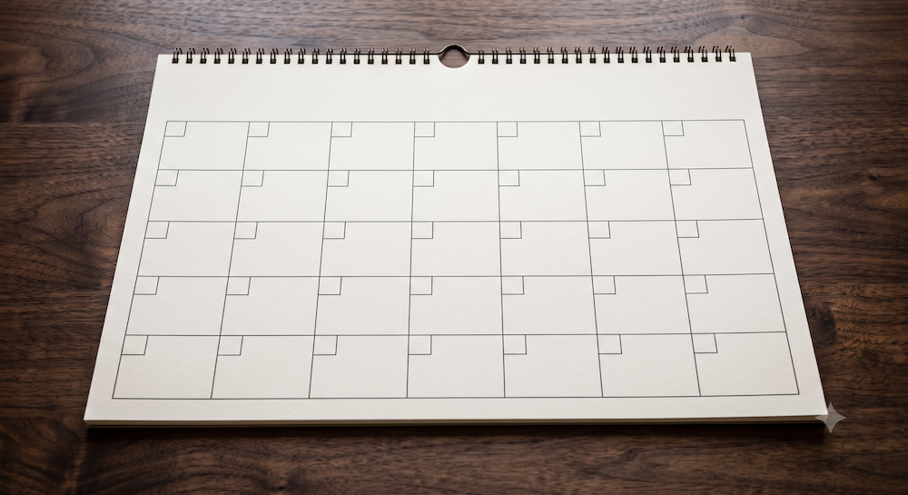 A blank large spiral print calendar laying on a desktop.