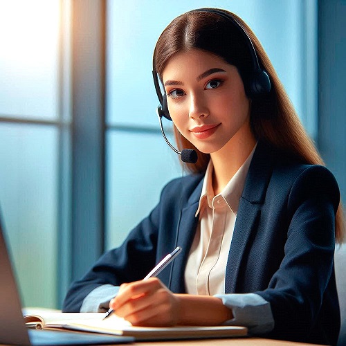 A woman wearing a headset and sitting in front of a computer waiting to take your call.