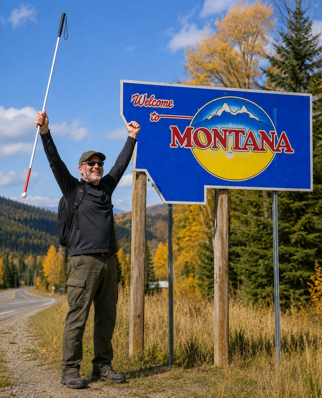 A man standing next to the Montana Welcome sign, the man is holding his white cane to his side.