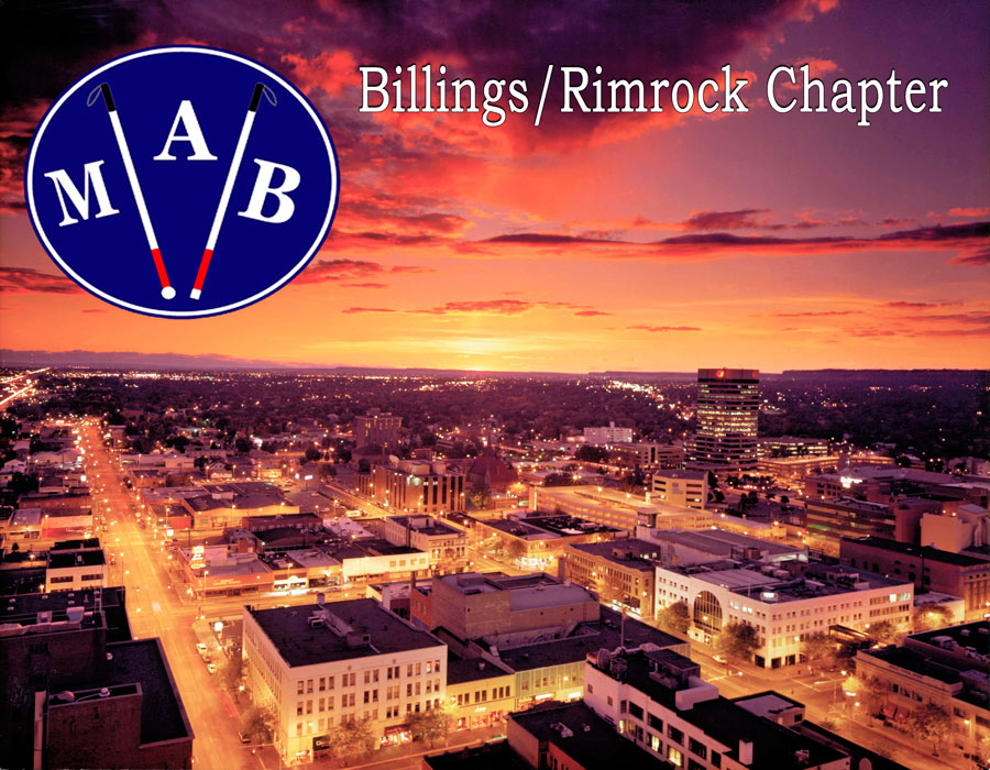 The Rimrock/Billings area at sunset with a beautiful skyline, The MAB Logo and Caption, The Billings/RimRock Chapter.