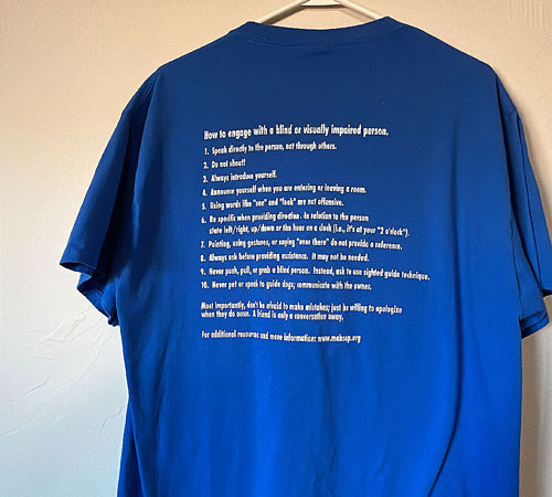 a blue T-shirt